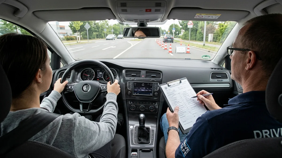 Eğitim aracı içinde direksiyon sınavı parkurunda sürüş yapan aday ve sınav gözetmeni